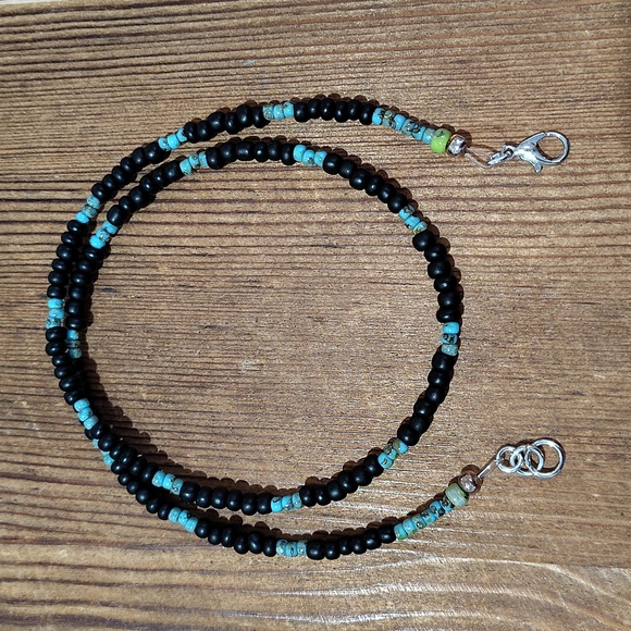 Black and Blue Beaded Necklace,  Handmade Men's Beaded Necklace,  18 Inches Long - Picture 3 of 6